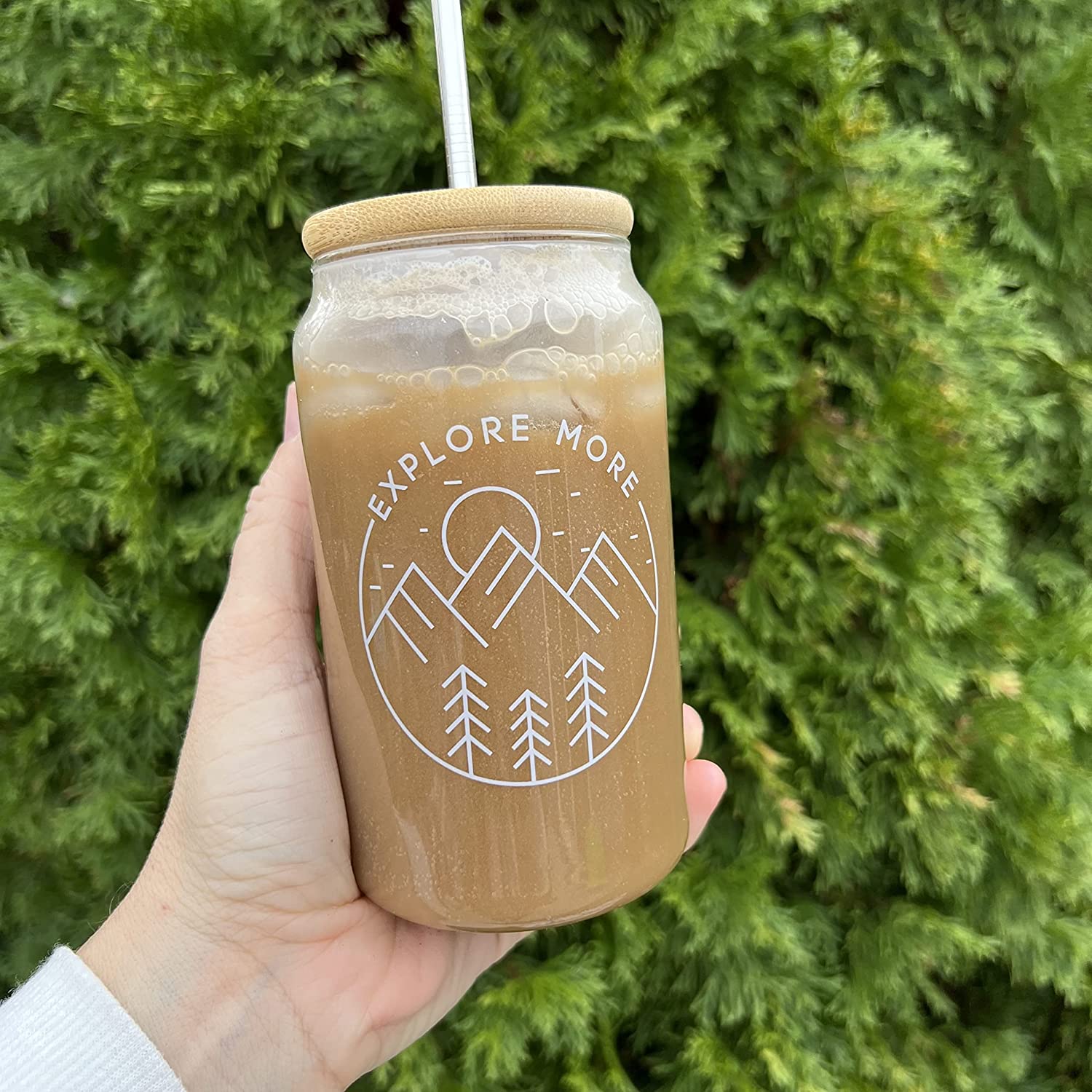 Iced Coffeewith Bamboo Lid and Straw | 16oz Beer  Camping Cup | Can Shaped Glass
