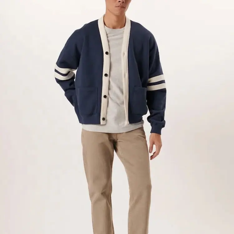 New Wholesale Cotton Polyester Drop Shoulder Varsity Fleece Fabric Cardigan Men's Sweaters