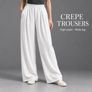 Pantalon large blanc sur mesure pour femme, taille haute élastique, plissé devant, en crêpe, coupe ample, décontracté, longueur cheville, idéal pour l'été - Product Image 1