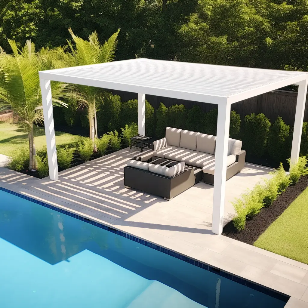 หลังคา Pergola อลูมิเนียมบ้านโมเดิร์นวิลล่าภายนอกความร้อน Sun Shade ภายนอกกันน้ํากันแดดมอเตอร์แบบพับเก็บได้