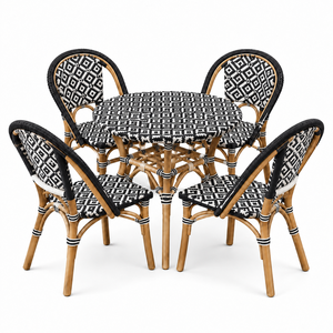 Rattan <b>Outdoor</b> Dining Set 4 Seater Round <b>Table</b> With <b>Chairs</b> Black White Pattern Contemporary Garden Furniture Weather Resistant - Product Image 1