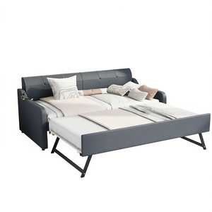 Divano letto matrimoniale imbottito grigio con letto estraibile e ricarica USB, design moderno, mobili per camera da letto - Product Image 1