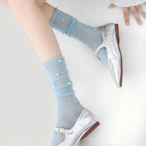 <span class=keywords><strong>Chaussettes</strong></span> transparentes pour femmes, ornées de perles, en maille translucide, ultra-extensibles, avec bord antidérapant, pour un usage quotidien décontracté - Product Image 5