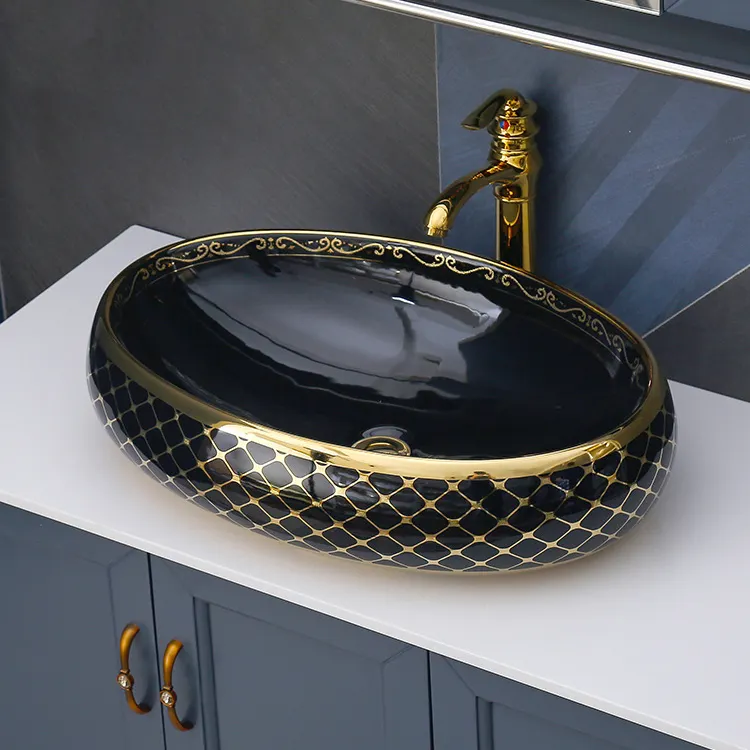 Lavabo da bagno vintage di lusso royal color lavabo da appoggio in ceramica art lavabo da bagno lavabo in oro e nero per hotel