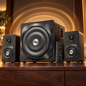 Juego de Altavoces Estéreo 2.1 de Madera con Subwoofer de 8 Pulgadas, Audio BT, Entrada Coaxial, Sintonizador FM, Control de Volumen Principal y Control Remoto para Salas de Estar - Product Image 1