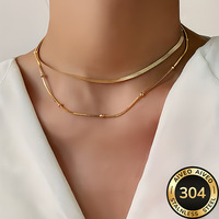 Collier superposé en or pour femme, chaîne délicate à motif chevrons perlée, plaqué or 18 carats, réglable, double couche, cadeau bijou