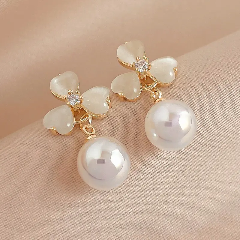 DAIHE Fashion Fine Jewelry S925 Silver Needle Opal Clover Pearl Earrings For Women