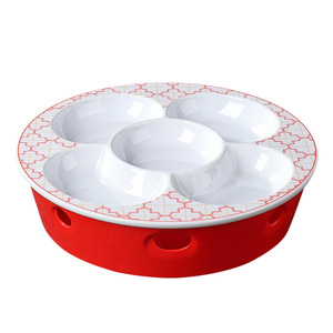 Bandeja de servir de melamina con 5 compartimentos, redonda, con diseño rojo y blanco, irrompible, para uso en hoteles y restaurantes. - Product Image 5