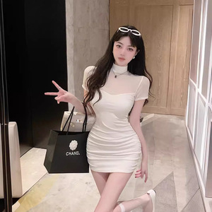 Petite Women's Bodycon Dress High Neck Short Sleeve Solid Color Mesh Panelled Fitted Waist Cinching Evening Dress - Product Image 1