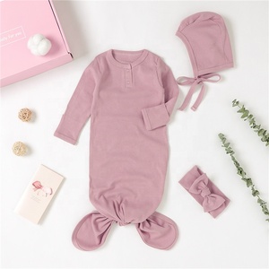 <strong>Newborn</strong> Baby Gift Set Ribbed Sleeping Knotted <strong>Dressing</strong> <strong>Gown</strong> Headband Hat Set - Product Image 3