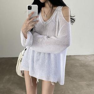 Otoño nuevo elegante suéter con cuello en V para mujer jersey de protección solar de color sólido suelto Casual fuera del hombro pulóver - Product Image 2