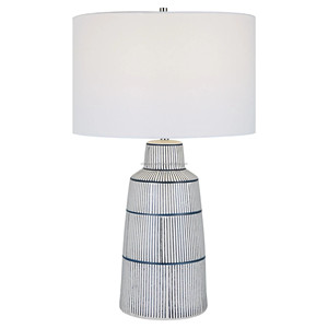 Gray Ribbed Textured Ceramic Modern Neutral <b>Table</b> Lamp with White Shade | Organic Rustic Lighting for Hotel Bedroom & Office - Product Image 6
