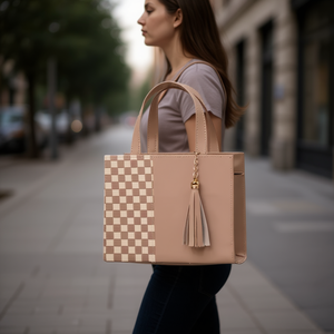 Sac messager pour femme Fana, motif à carreaux, décor à pompons, 20x14x6cm, organiseur de cosmétiques, cuir microfibre - Product Image 2