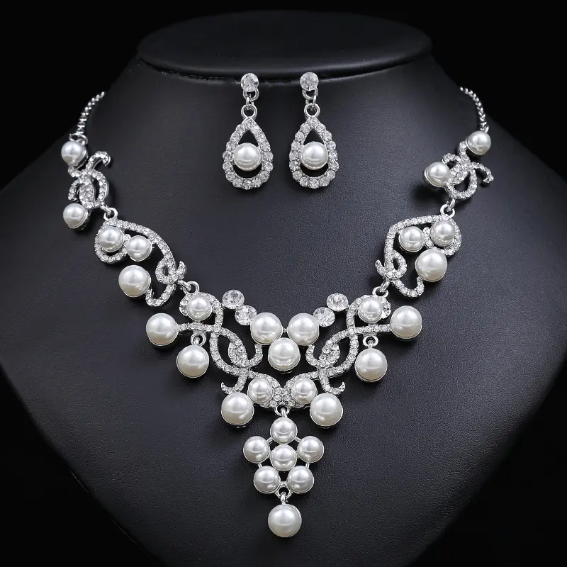 Moda coreana perla collares pendientes novia boda perla joyería pendientes dos piezas conjuntos de joyería artificial para mujer
