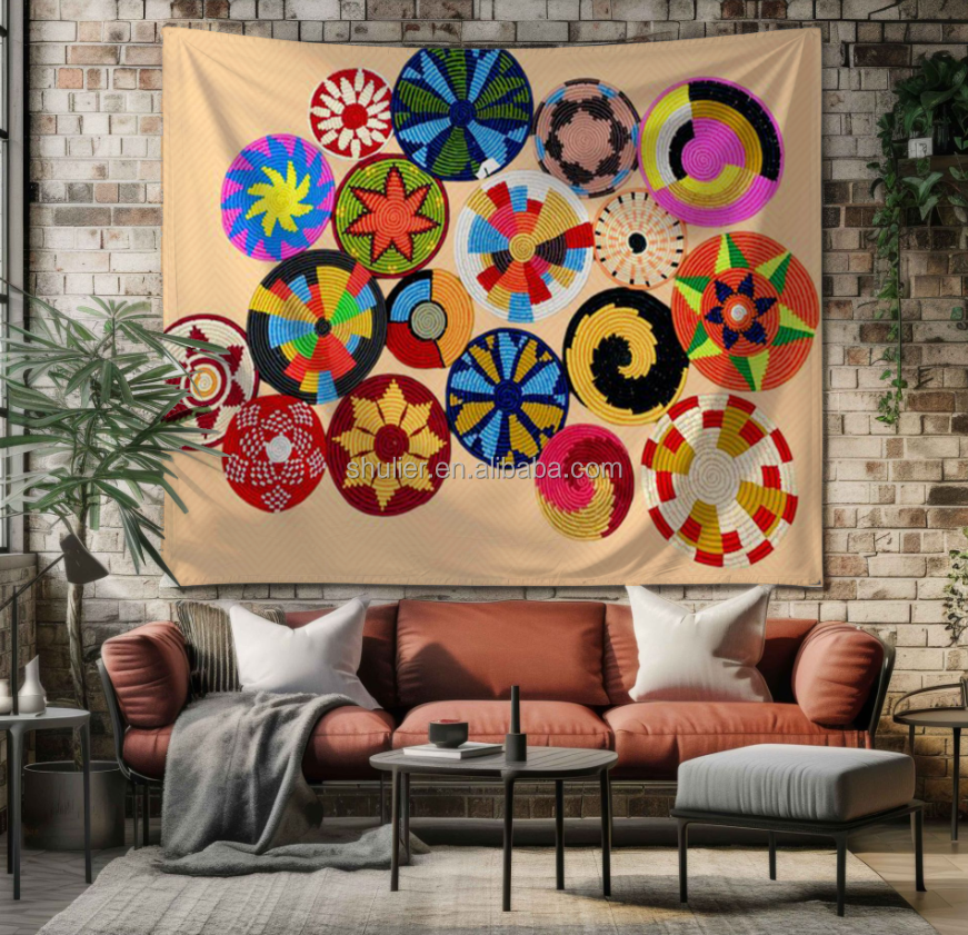 Custom Logo Printed Wall Hanging Ethiopian Traditional Design Tapestry Polyester Fabric Mandala Wall Decor Custom Woven Tapestry