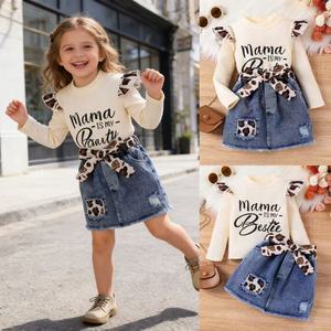 Abbigliamento Autunno-Inverno per Bambine Europee e Americane da 4-7 Anni, Set con Top in Cotone e Gonna in Denim con Stampa Leopardata - Product Image 6