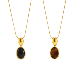 Trendy 18K Gold Plated Stainless Steel Link <b>Chain</b> Black Brown Oval Gemstone <b>Pendant</b> Necklaces Gift <b>for</b> Women - Product Image 4