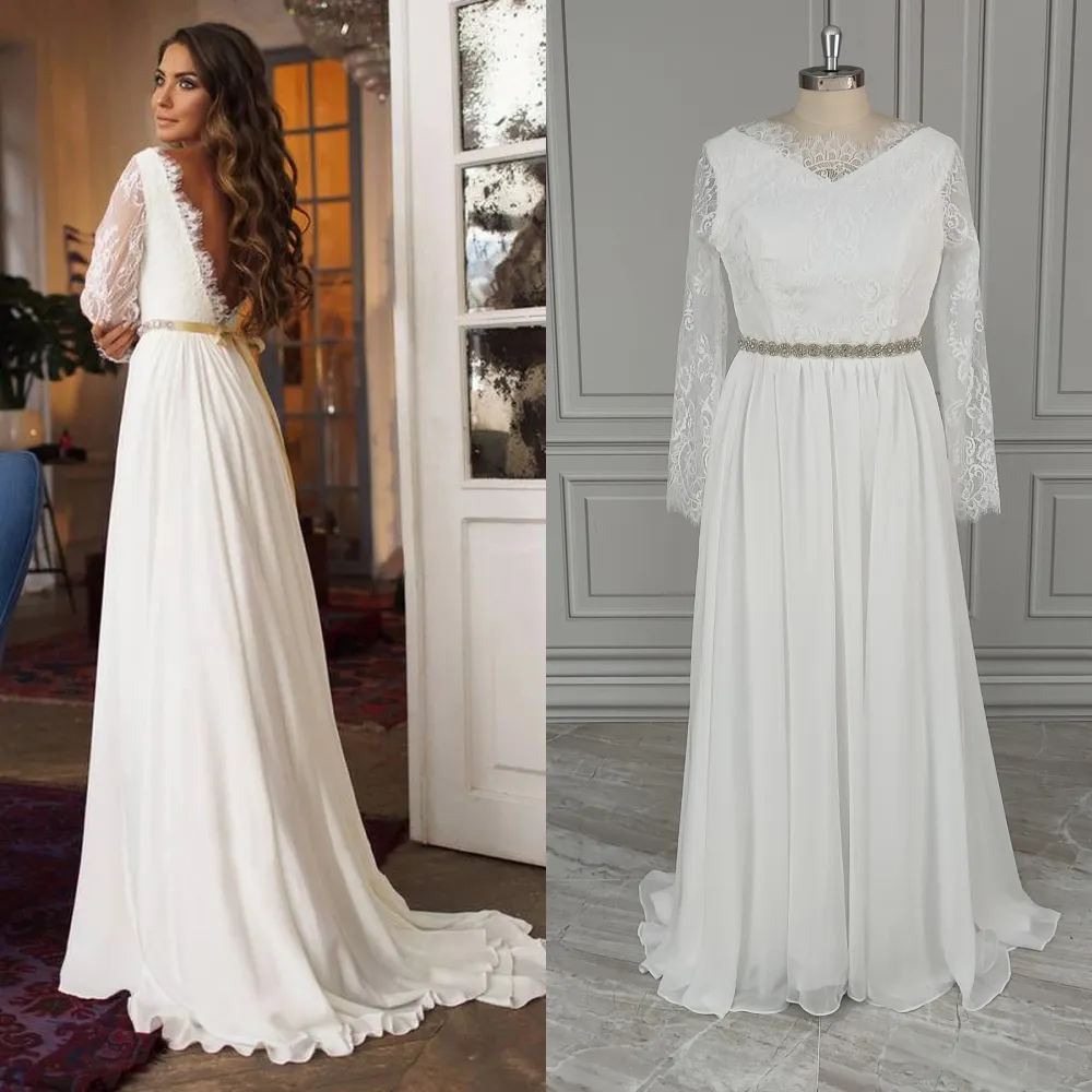6262# Real Photos Boho Lace Long Sleeves A-line Wedding Dress With Beading Belt Chiffon Backless Bride Gown For Women
