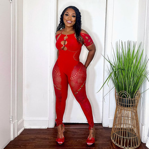 NN0026 Barboteuse une pièce avec strass Nouveauté 2024 Printemps Vêtements pour femmes See Through Mesh Sexy Bodycon Solid Jumpsuits Women - Product Image 4