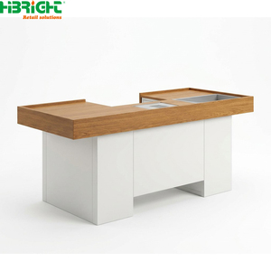 L Shape <b>Checkout</b> <b>Counter</b> Retail POS Cashier Desk Wooden Grain <b>Counter</b> Top White Base Store Reception Station - Product Image 1