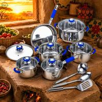 Ensemble de casseroles en métal classique de 15 pièces avec poignées en silicone bleues, couvercles en verre, ustensiles, marmite et poêle (16-24 cm) pour la cuisine à domicile