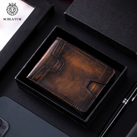 Dompet & Tempat Kartu Pria SCHLATUM 100% Kulit Sapi Asli Anti RFID, Model Terbuka, Vintage, Tipis, Ringan, dengan Logo