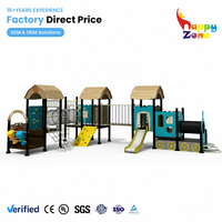 Ensemble de jeux d'extérieur commercial pour enfants : train miniature, balançoire, structure d'escalade multi-tours, tunnel et toboggan pour garderies et écoles