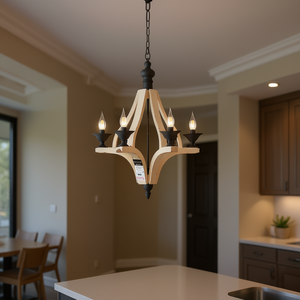 Lustre en bois réglable à 6 lumières, luminaire suspendu pour cuisine, salle à manger, hall d'entrée, ampoule E26 non incluse - Product Image 2