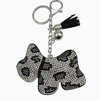 Porte-clés pendentif en forme de chiot imprimé léopard kaki foncé, entièrement orné de strass étincelants avec pompons, de haute qualité, best-seller
