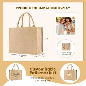 Large Capacity Custom Printing Logo Eco-Friendly <b>Waterproof</b> Reusable <b>Zipper</b> Closure Gift Letter Jute <b>Tote</b> Shopping <b>Bag</b> Women - Product Image 3