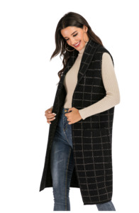 Plus Size Women's Suit Style Long Cardigan Sweater Vest <strong>Sleeveless</strong> Plaid Lapel <strong>Coat</strong> With Pockets - Product Image 4
