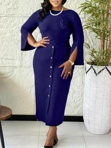 Eleganti Abiti da Chiesa per Donne, Collo Tondo, Maniche a Campana, Bottoni Floreali, Vestito Slim per Ufficio - Product Image 3