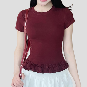 2025 verano Mujer Camiseta cuello redondo Casual cordón diseño OEM fábrica suministro moda Boutique venta al por mayor cómoda Top - Product Image 1