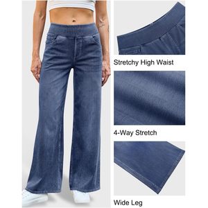 Fisoew Womens Baggy Wide Leg Jeans High Waisted <b>Pull</b> On Straight Leg Stretchy Denim Pants Boyfriend Style - Product Image 5