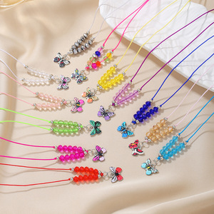 Collar trenzado de hilo encerado colorido con cuentas de cristal y colgante de mariposa de aleación, ajustable, estilo coreano - Product Image 1