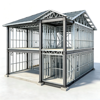 Maison préfabriquée moderne à structure en acier, à installation rapide et à faible coût, avec 3 chambres, deux étages et cuisine, pour usage résidentiel.