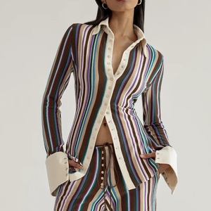 เสื้อเชิ้ตผู้หญิงลายทางติดกระดุมแขนยาวเสื้อเชิ้ตลำลองสำหรับใส่ในชีวิตประจำวันผ้าป๊อปลิน FD9619 - Product Image 1