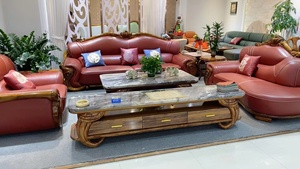 โซฟาหนังวัวแท้ชั้นหนึ่งสไตล์จีนสมัยใหม่ ชุดโซฟาหนังยูจินวูด วิลล่าหรูหรา โซฟาไม้เนื้อแข็งหุ้มหนัง - Product Image 2