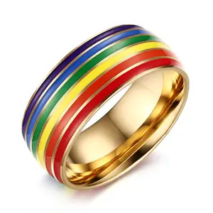 新款到货珐琅戒指时尚多色不褪色不锈钢男士彩虹戒指