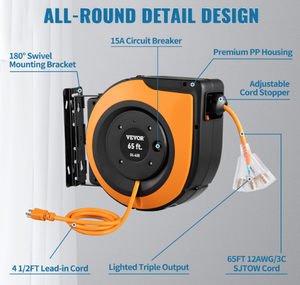 50ft 65ft 3c/12awg Heavy Duty Câble d'alimentation 20A Disjoncteur Plafond/Montage <span class=keywords><strong>mural</strong></span> Enrouleur de câble d'extension rétractable pour atelier - Product Image 4