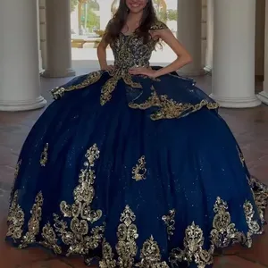 Abiti Quinceanera personalizzati in <span class=keywords><strong>Tulle</strong></span> blu Navy con applicazioni in pizzo <span class=keywords><strong>abito</strong></span> da ballo gonfio festa di compleanno Vestido De 15 Quinceanera - Product Image 3