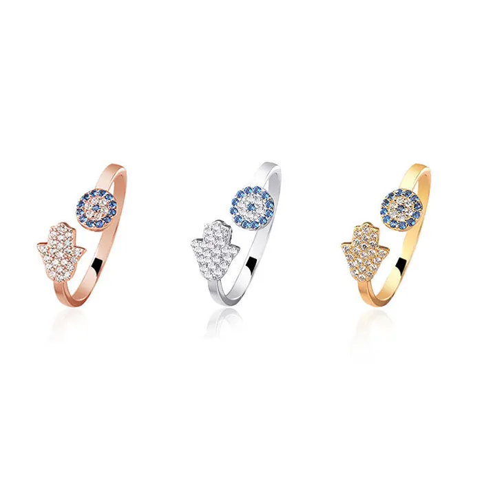 Женское позолоченное кольцо Фатима, открытое регулируемое кольцо с синим цирконием для обнимания руки Хамса, ювелирное изделие из стерлингового серебра 925 пробы для женщин