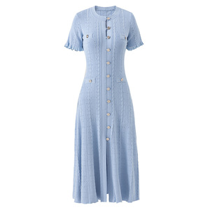 Abiti Estivi da Donna all'Ingrosso di Alta Qualità, Eleganti Vestiti in Maglia con Bottoni, Maniche in Pizzo Traforato e Spacco, Modello a Linea A - Product Image 6