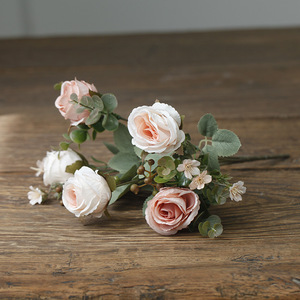 IJ012 hecho a mano 7 tenedor otoño Color Rose Bud pequeñas rosas hermoso ramo de flores artificiales para el hogar pastel boda realista - Product Image 5