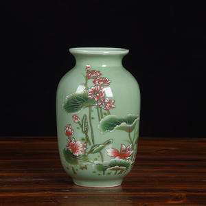 Nuovo ornamento di loto <span class=keywords><strong>ombra</strong></span> smalto verde <span class=keywords><strong>vaso</strong></span> in ceramica goffrato oro per la casa soggiorno decorazioni <span class=keywords><strong>fiori</strong></span> piccolo tavolo - Product Image 2