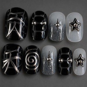 Faux ongles à presser noirs et blancs en forme d'amande, motif étoile 3D spirale géométrique, couverture complète pour femmes - Product Image 4