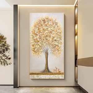 Peinture à l'huile peinte à la main, Arbre à argent, Cerf, Art abstrait moderne, Effet 3D, Art mural décoratif pour entrée et couloir, Avec cadre - Product Image 1
