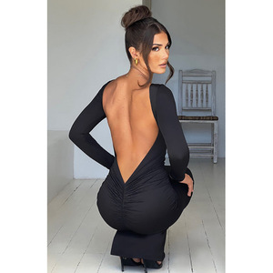 Abito lungo da donna slim fit sexy senza schienale con scollo a barchetta e <span class=keywords><strong>maniche</strong></span> <span class=keywords><strong>lunghe</strong></span>, aderente per serate, feste e cocktail - Collezione Autunno - Product Image 3