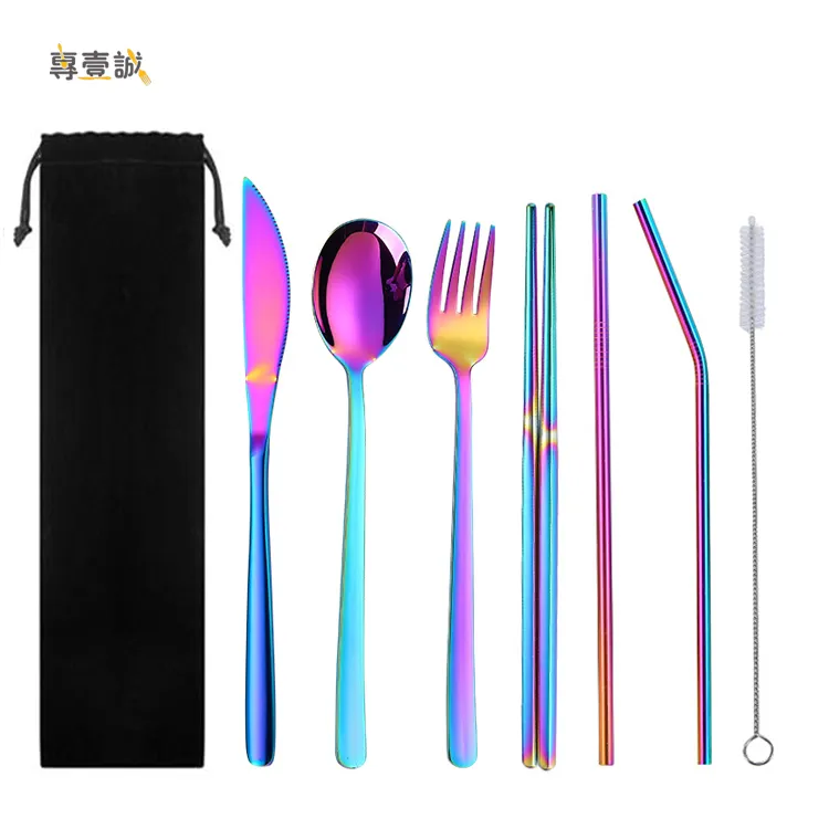 304 Stainless Steel Cutlery Fork Spoon Knife Straw Travel Portable Flatware Sets
