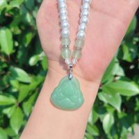 Collier Pendentif Anniversaire Pixiu en Or, Perle d'Imitation Géométrique Tendance, Guanyin Maitreya Bouddha, Jade Vert Sculpté à la Main